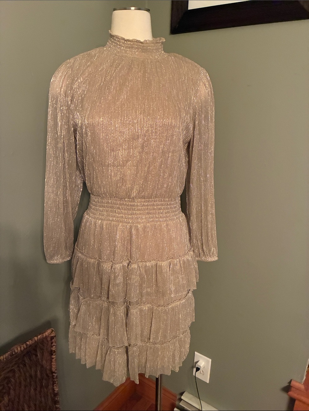 Metallic Champagne Long-Sleeve Tiered Ruffle Dress
